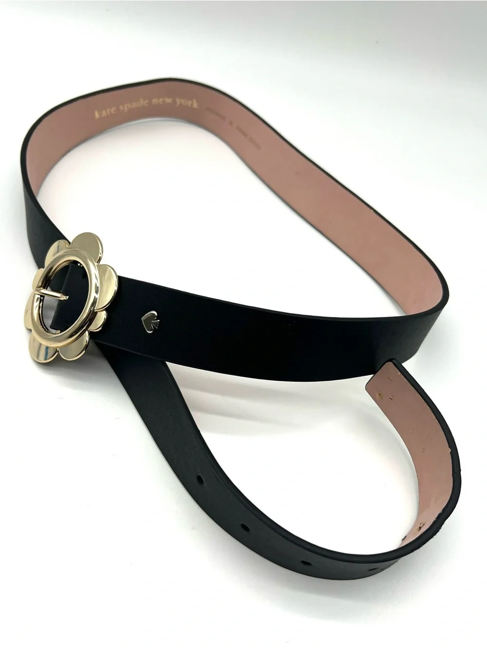 Kate Spade Flower Buckle Black Genuine Leather Belt Gold Size M KS2000565
